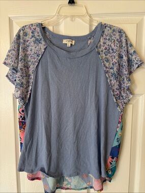 Umgee Powder Blue Raglan Top with Floral Sleeves